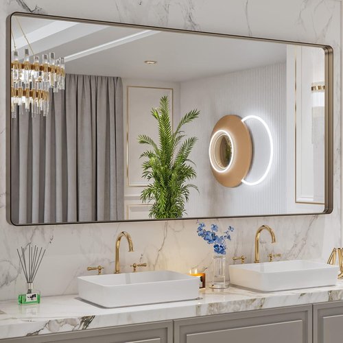 LOAAO Bronze Bathroom Mirror - 72”x36” Rounded Rectangle with Anti-Rust Brushed Metal Frame | Versatile Hanging Options