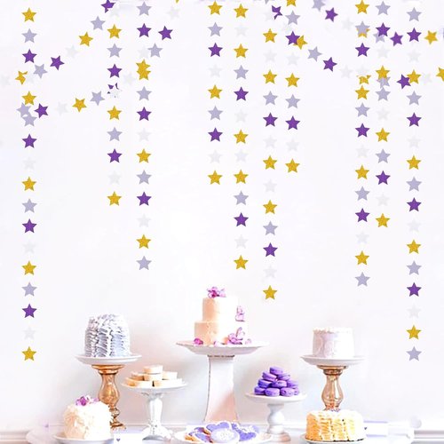 Hugtmr Star Garland - 62ft Purple Lavender & White Gold Party Decorations | Perfect for Birthdays & Showers
