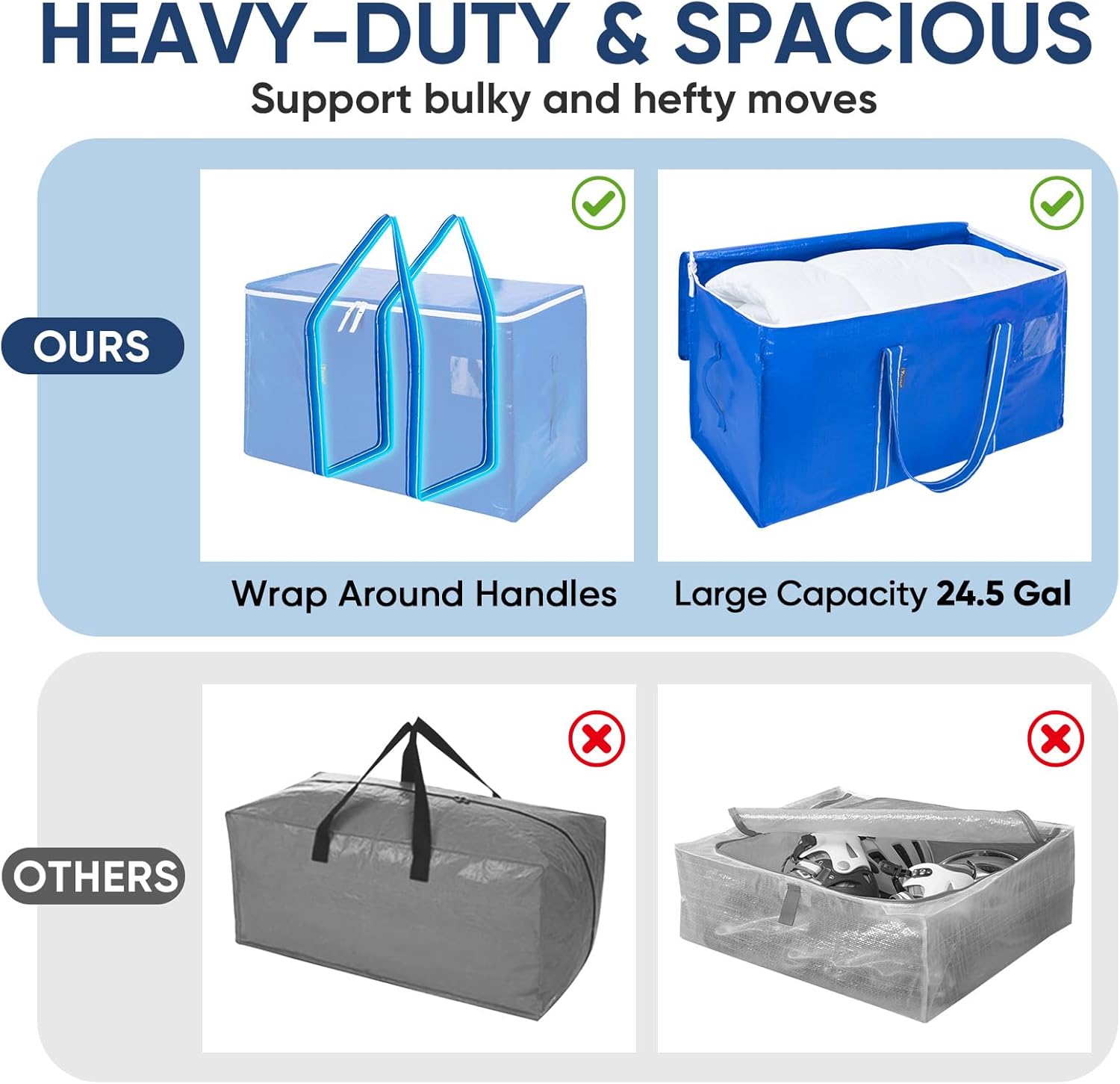 BALEINE Heavy-Duty Moving Bags - 8-Pack Oversized Storage Totes with Reinforced Handles | Royal Blue