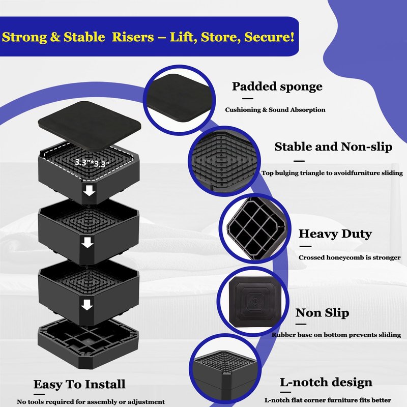 Bed Risers Heavy Duty, Adjustable Furniture Riser Blocks Lift 1.5, 3, 4.3 inches for Couch Table Desk Sofa Chair Legs, Refrigerator, Washing Machine - Support up to 4000 lbs (Black 4 Pack, 3 inch)