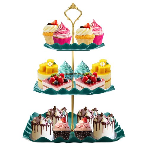 DAFURIET Dessert Cupcake Stand, 3 Tier Cup Cake Holder Tower for Tea Party/Birthday/Wedding, Plastic Tiered Serving Tray with Metal Rod (Green)
