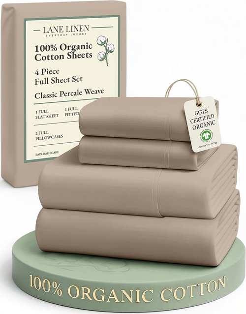 LANE LINEN 100% Organic Cotton Sheets Set - Ultra Soft Long-Staple Percale Weave | GOTS Certified, Full Size, Taupe