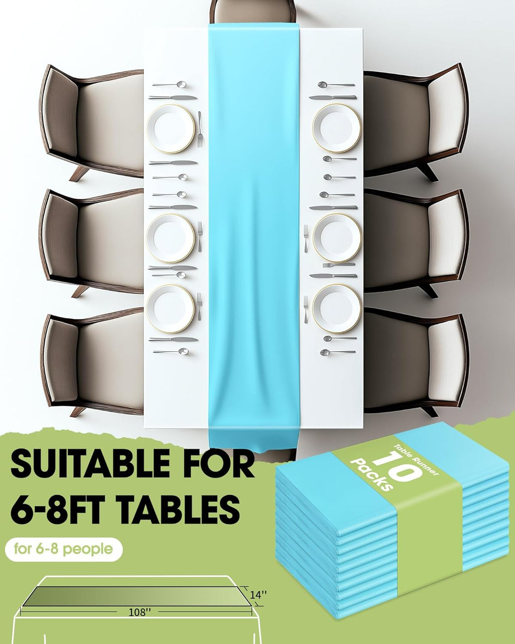 Pureegg Disposable Table Set - 10 Pack of Leakproof White & Blue Tablecloths (54''x108'') & Runners (14''x108'') for Events
