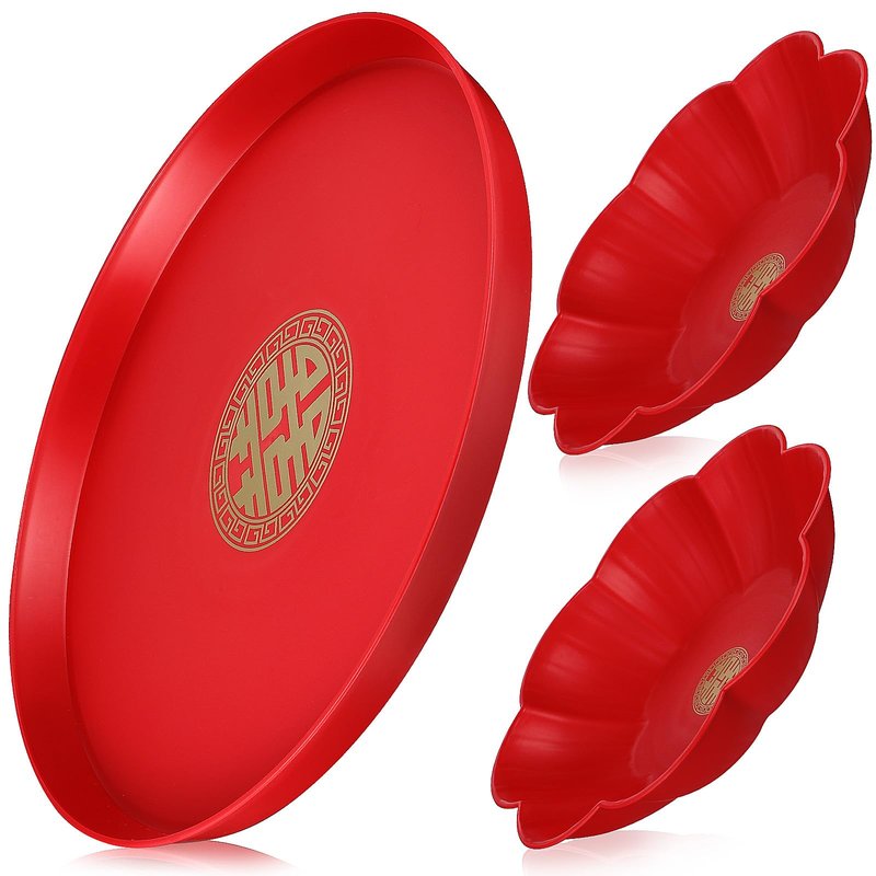 Red Serving Tray Set: 3PCS Decorative Round Wedding Snack Trays and Petal Snack Bowls - Flower Shape Candy Plate Happiness Chinese Wedding Decor for Tea, Fruit, and Coffee Table