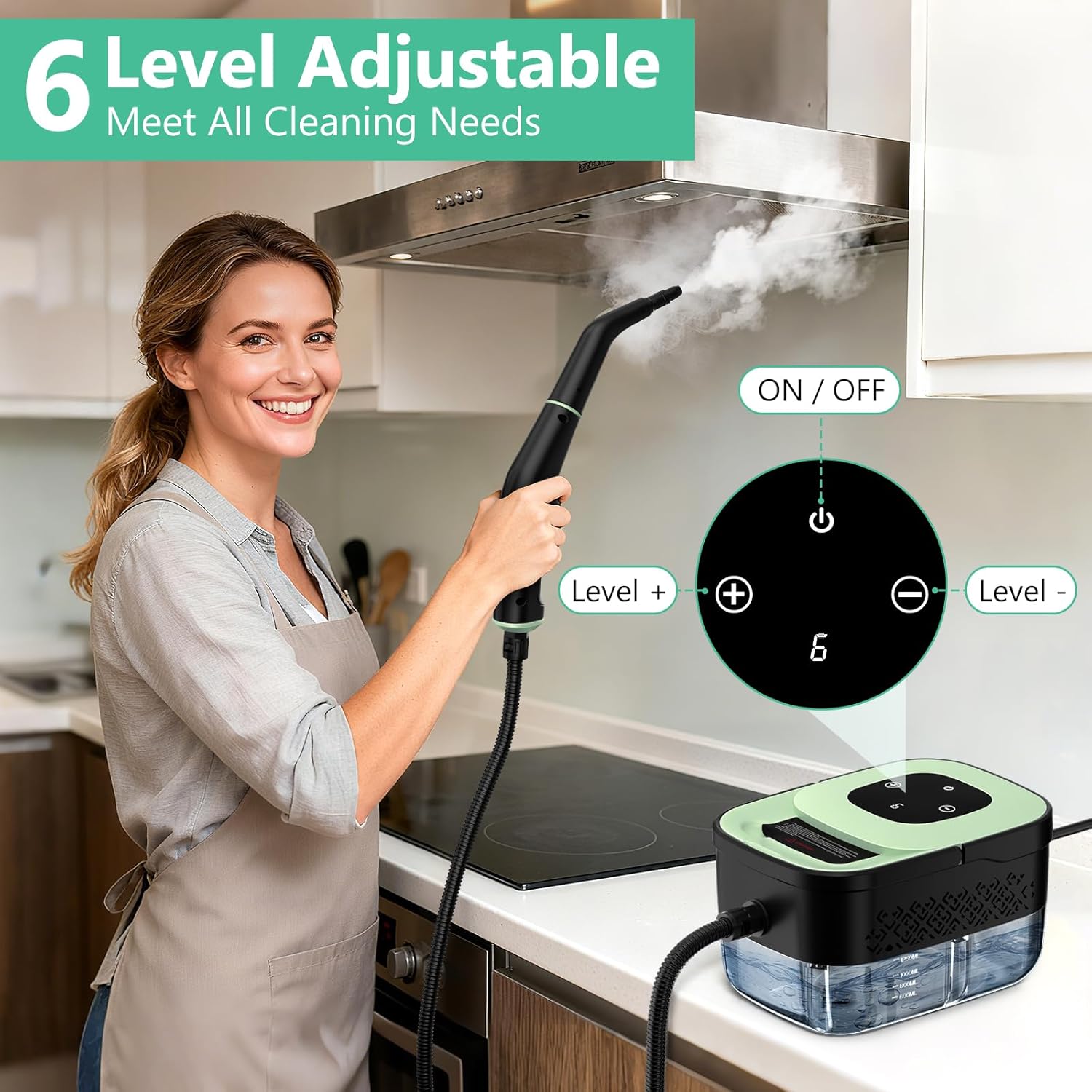 Portable Steam Cleaner by [Brand Name] - 16-Piece Accessory Set | 6-Level Adjustable Heat, Fast 15s Heat-Up for Home & Car Detailing