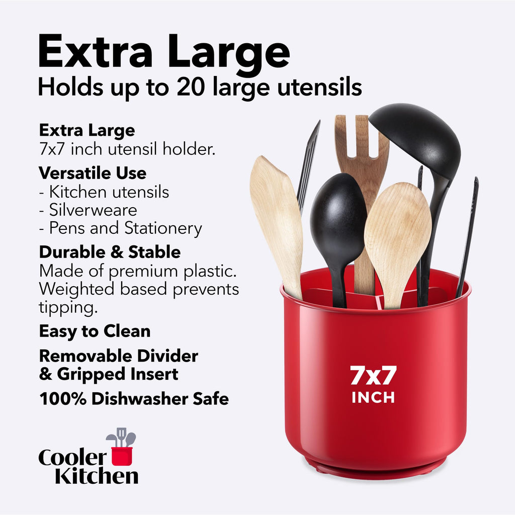Extra Large Rotating Red Utensil Holder with Sturdy No-Tip Weighted Base, Removable Divider, and Gripped Insert | Rust Proof and Dishwasher Safe Kitchen Utensils Holder by Cooler Kitchen 7*7 Inches