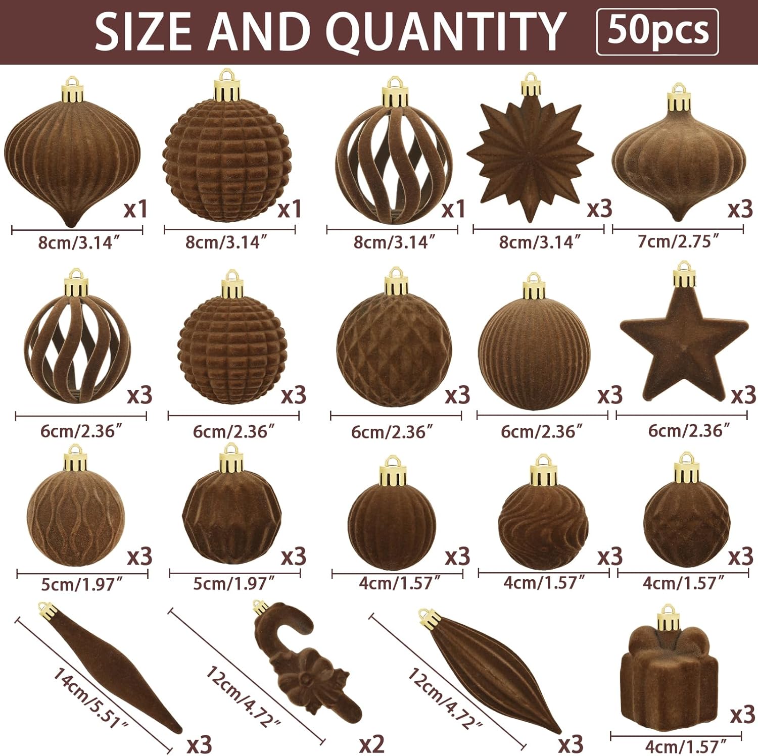Skiennix 50 Pcs Brown Velvet Christmas Balls - Flocked Ornaments for Tree Decor & Holiday Parties