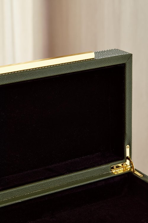 Goodinough Green Shagreen Decorative Boxes with Lids Set of 3 - Large Leather Stacking Storage Boxes for Home Decor, Gold Metal Handle Remote Control Box, Modern Jewelry Box for Shelves, Coffee Table