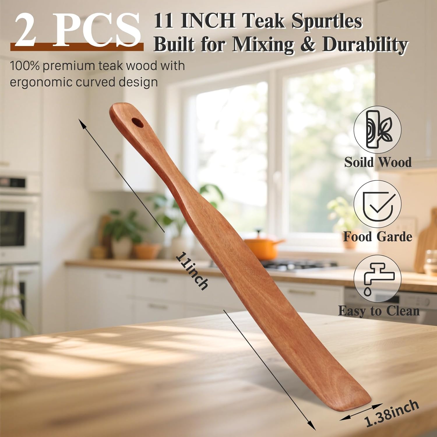 Skiennix 2Pcs Skinny Spurtle Set - Perfect for Sourdough Starter & Mixing | Wooden Kitchen Tools