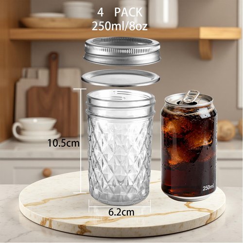 OUCBND Mason Jars 8 oz Wide Mouth, 4 Pack with Airtight Lids - Food Grade Glass, Free Brush & Stickers for Food Storage, Canning, DIY Gifts