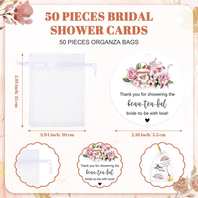 Skybooly 50 Sets Bridal Shower Tea Party Favors for Guests Heart Spoon Kraft Paper Envelopes for Tea with Thank You Cards and Organza Bags Wedding Souvenir Gifts