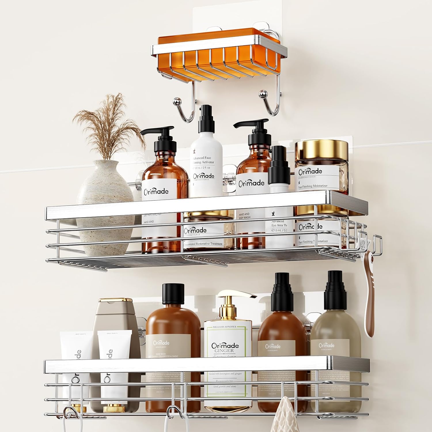 Orimade Shower Caddy - Wall-Mounted Soap Dish Holder with 5 Hooks | Stainless Steel, 3 Pack, Silver
