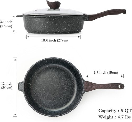 Kordisen Nonstick Deep Frying Pan - 12 Inch Skillet with Lid | 5 Qt Healthy Induction Cookware, PFOA Free