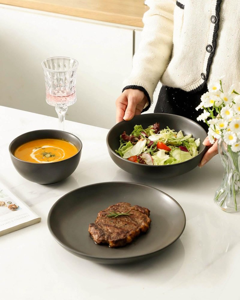 Tikooere Plates and Bowls Sets, 12-Pieces Stoneware Dinnerware Set Ceramic, Matte Black Dishes Set for 4, Scratch Resistant, Microwave and Dishwasher Safe Tableware, Porcelain