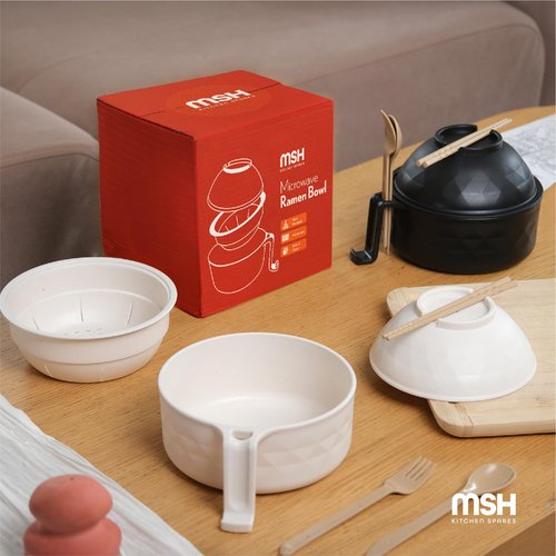 Ramen Bowl Microwavable, 2 Sets Microwave Noodle Bowl With Strainer, Ramen Noodle Cooker Microwave, Wheat Fiber Set With Chopsticks Spoon& Fork, Dorm Room Essentials (Black & Beige)