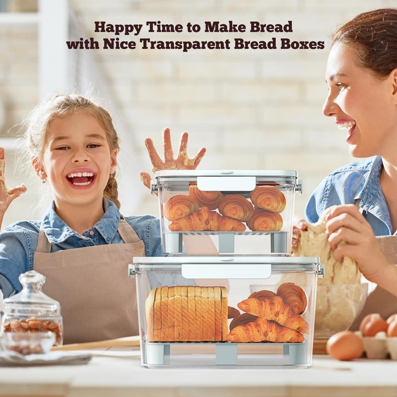 SISAYWEY Bread Box for Kitchen Countertop: 2 Pack Airtight Breadbox Food Storage Container, Portable Large Plastic Clear Container with Lid for Homemade Bread, Toast, Bagel, Donut, Cookies and Fruits