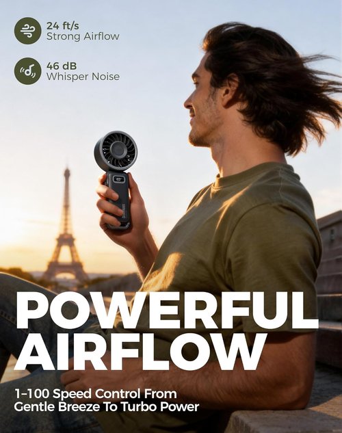 Diveblues Portable Turbo Fan - 100 Speed Handheld Fan with Strong Airflow | Foldable 4-in-1 Design for Neck, Desk & Travel