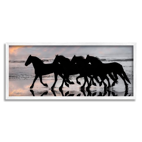 Stupell Industries Wild Horses Sunset Beach Silhouettes Galloping Animals, Design by PHBurchett White Framed Wall Art, 24 x 10, Blue