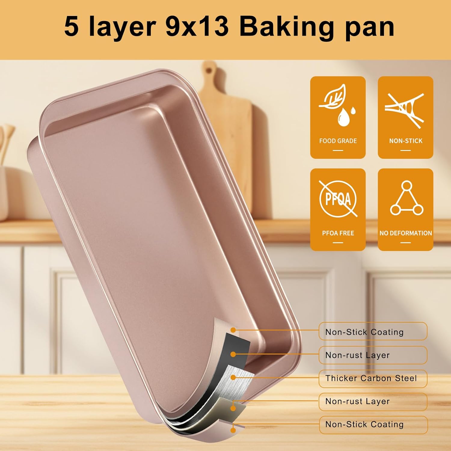 Regine Switzerland Nonstick 9x13 Baking Pan - Easy Clean Carbon Steel Bakeware for Cakes & Lasagna | Rose Gold