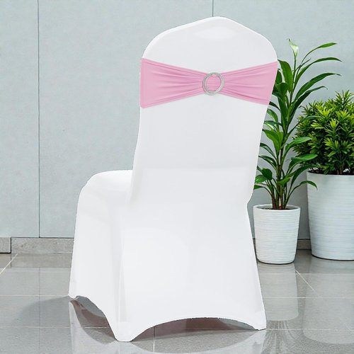 MDS Spandex Chair Sashes - 125 Pack of Blush Pink Elastic Stretch Bands with Buckle Slider for Weddings