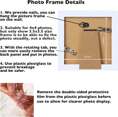 JCJMY 4x4 Picture Frame - White Wall Hanging & Tabletop Display | Shatter-Resistant Plexiglass