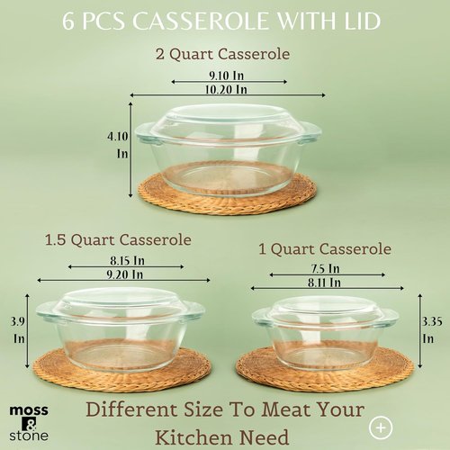 Moss & Stone 6-Piece Clear Glass Casserole Dish Set - Durable Tempered Bakeware with Lids | Microwave & Oven Safe