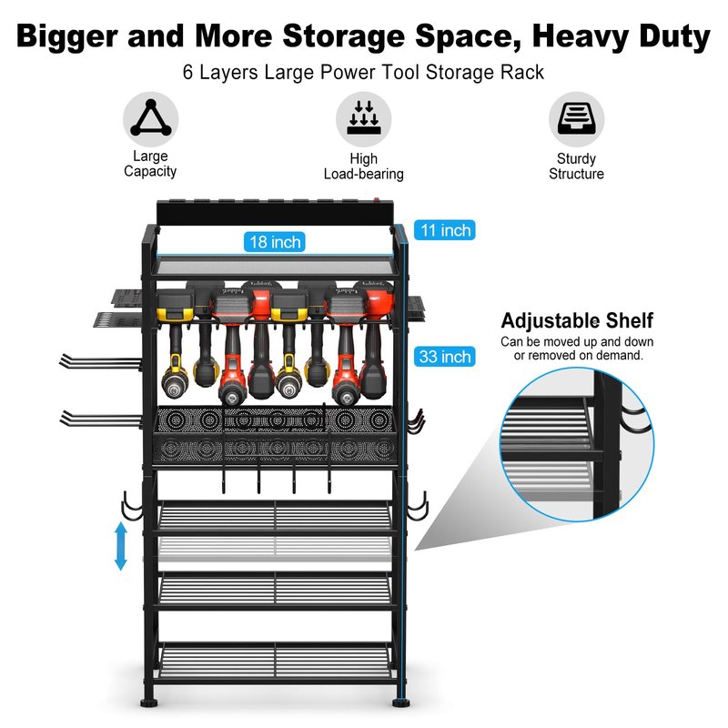 JUNNUJ Power Tool Organizer Floor Stand with Charging Station, Garage Adjustable Storage Rack Utility Tool Shelf with 8 Outlet Power Strip, Heavy Duty Drill and Battery Holder, Black