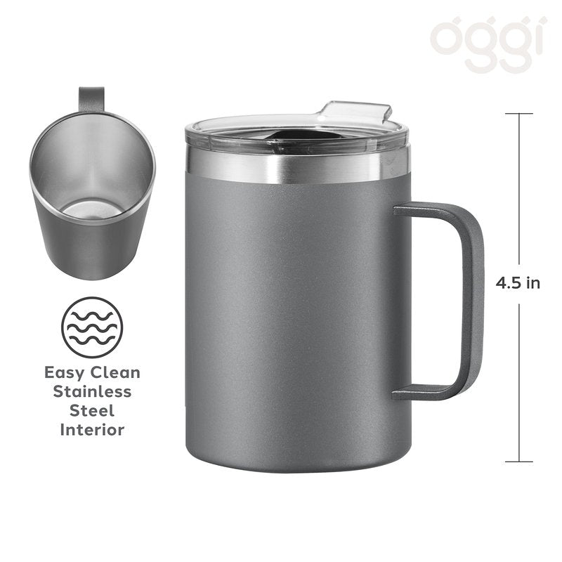 Oggi ThermoMug Stainless Steel Insulated Mug- Double Wall Vacuum Insulated w/Handle & Lid, Coffee Cup, Camping Mug, Travel Thermos, 14oz(420ml), Daisy