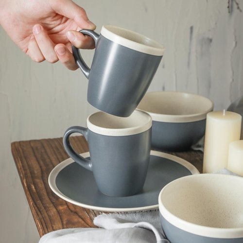 Stone Lain Serenity Stoneware, Service for 4, Plates and Bowls Sets, Dark Gray and Cream Dinnerware, Dishwasher & Microwave Safe, 16-Piece