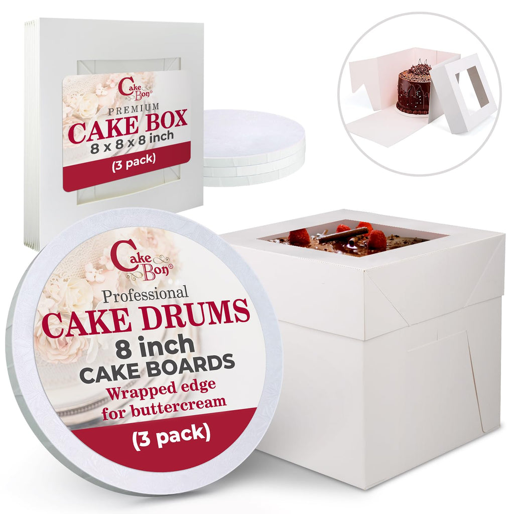 Cakebon Cake Boxes with Boards - 8 Inch Round Cake Drum White (3-pack) - Box With Window for Birthdays, Weddings and Parties