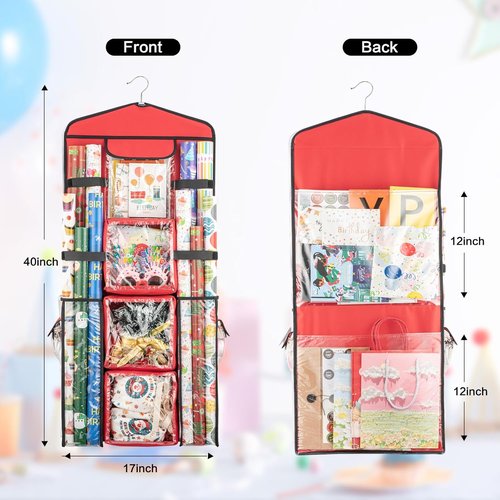 Christmas Wrapping Paper Organizer - Double-Sided Gift Bag Storage Holder | Red Color