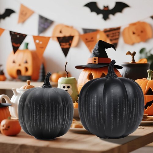 Halloween Glass Pumpkin Light up for Table Centerpiece Decorations Set of 2 Illuminated Starry Night Glass Pumpkins Twinkle LED Light up Fall Halloween Indoor Decoration for Home Black