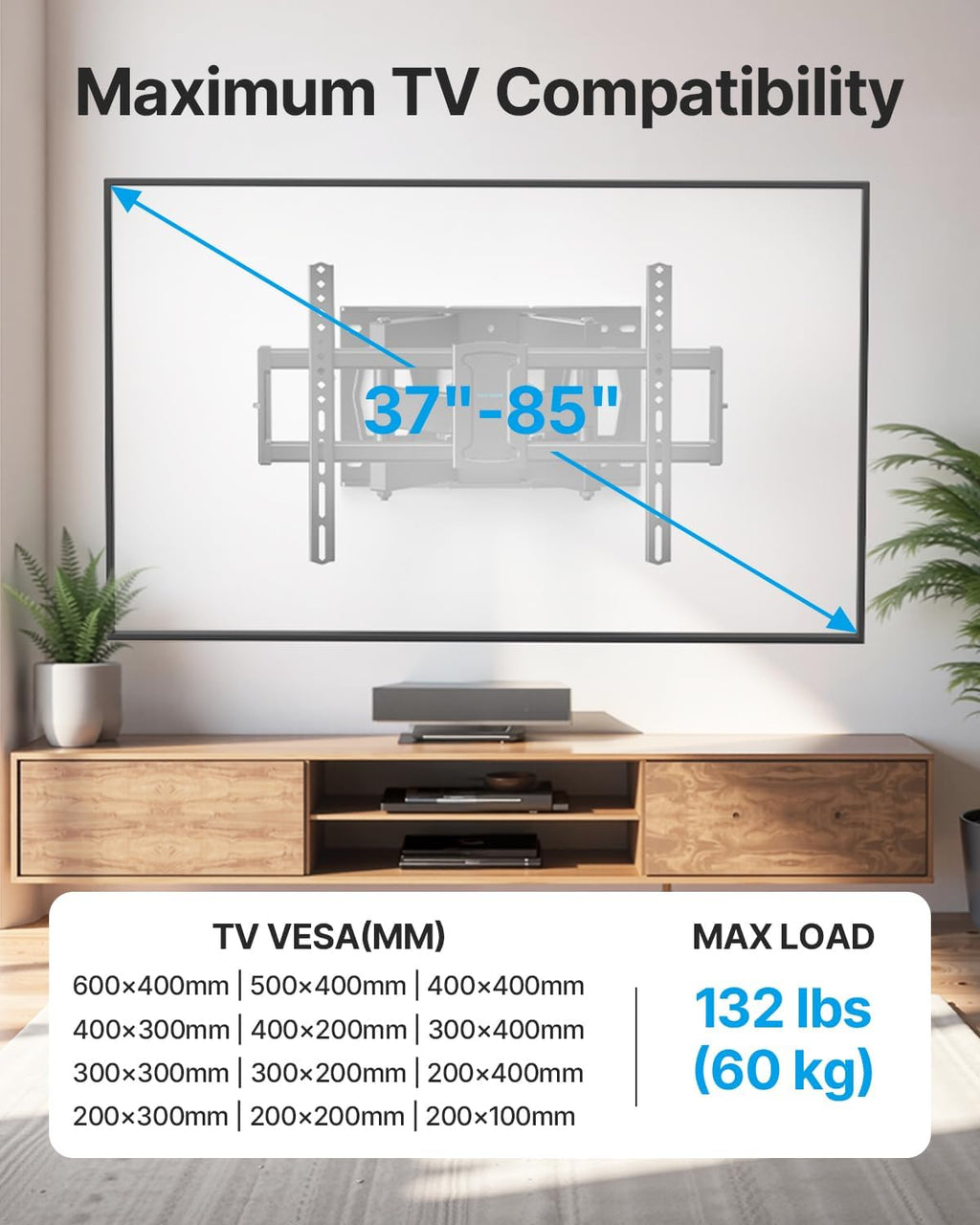 USX STAR Full Motion TV Wall Mount - Fits 37-85 Inch TVs Up to 132lbs | Swivel & Tilt Articulating Bracket