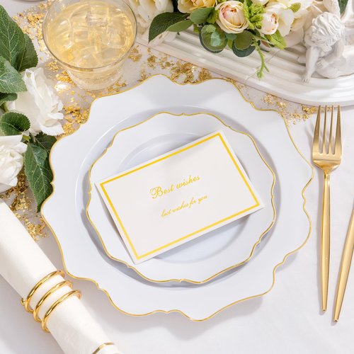 WDF 350PCS White and Gold Plastic Plates - Gold Plates Disposable 50Guest Plastic Dinnerware Ideal for Party/Wedding/Birthday/Ramadan/Easter