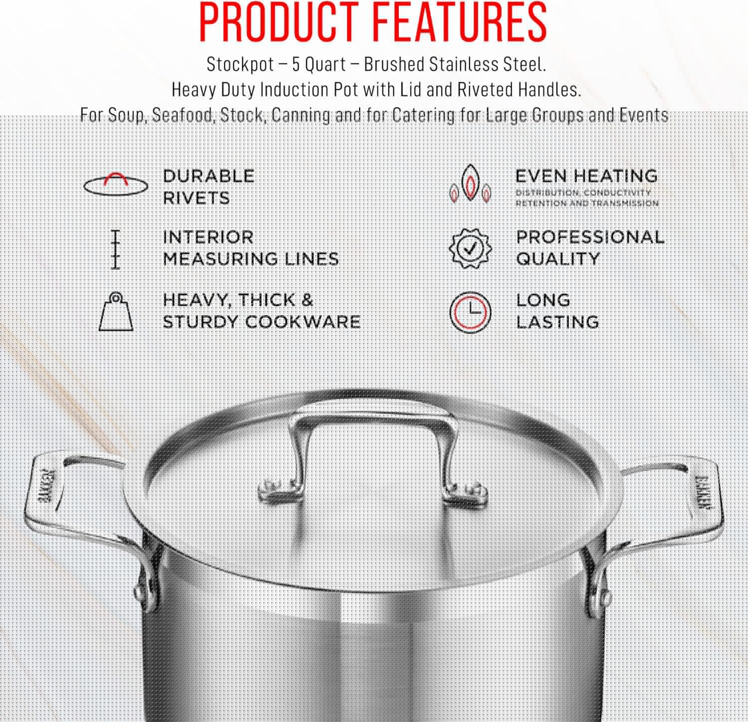 Stainless Steel Stockpot by [Brand Name] - 5 Quart Durable Design with Impact-Bonded Base & Riveted Handles