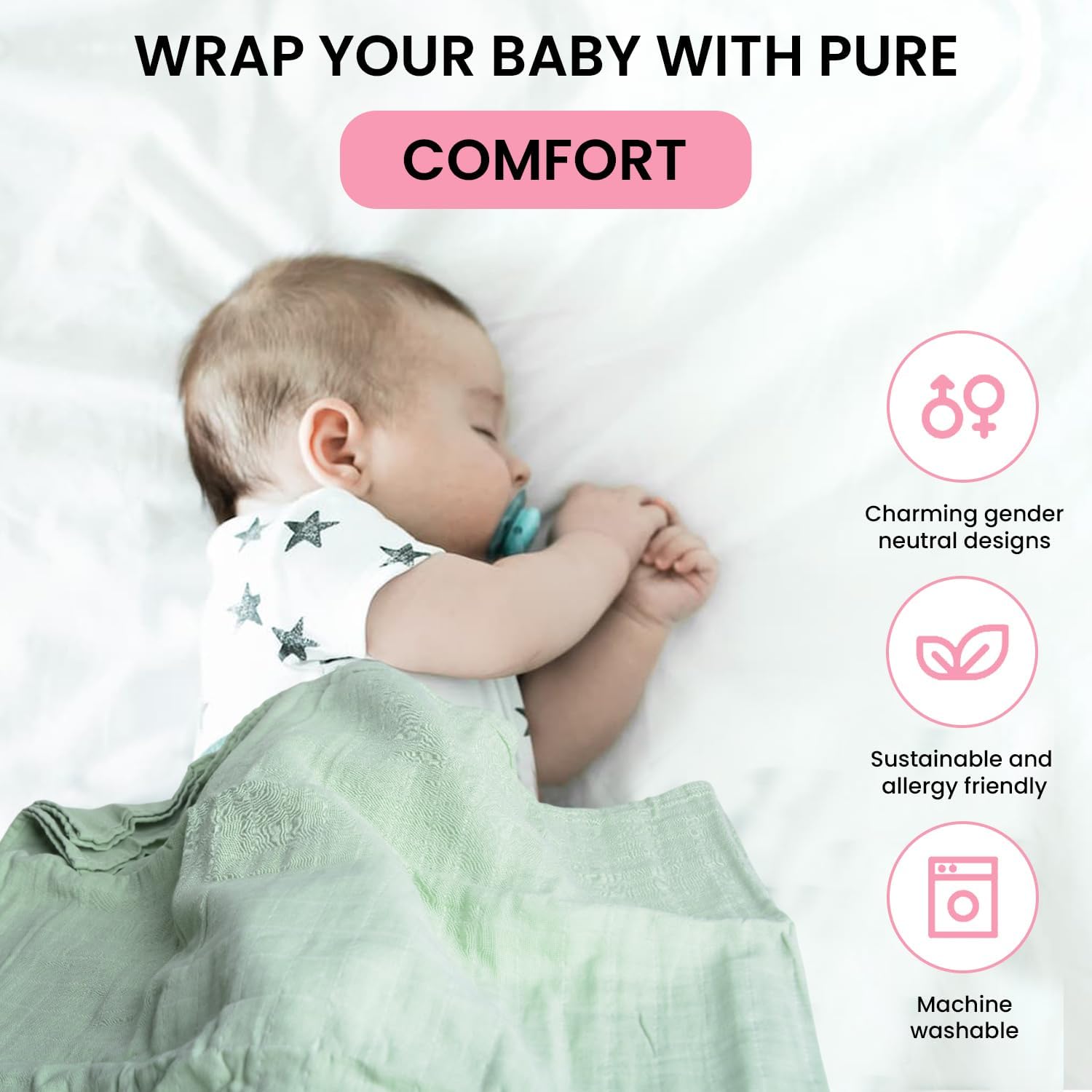 Organic Muslin Swaddle Blankets - 100% Organic Cotton Baby Wraps | Soft, Breathable & Skin-Friendly | 3-Pack, Large 47 x 47 Inches