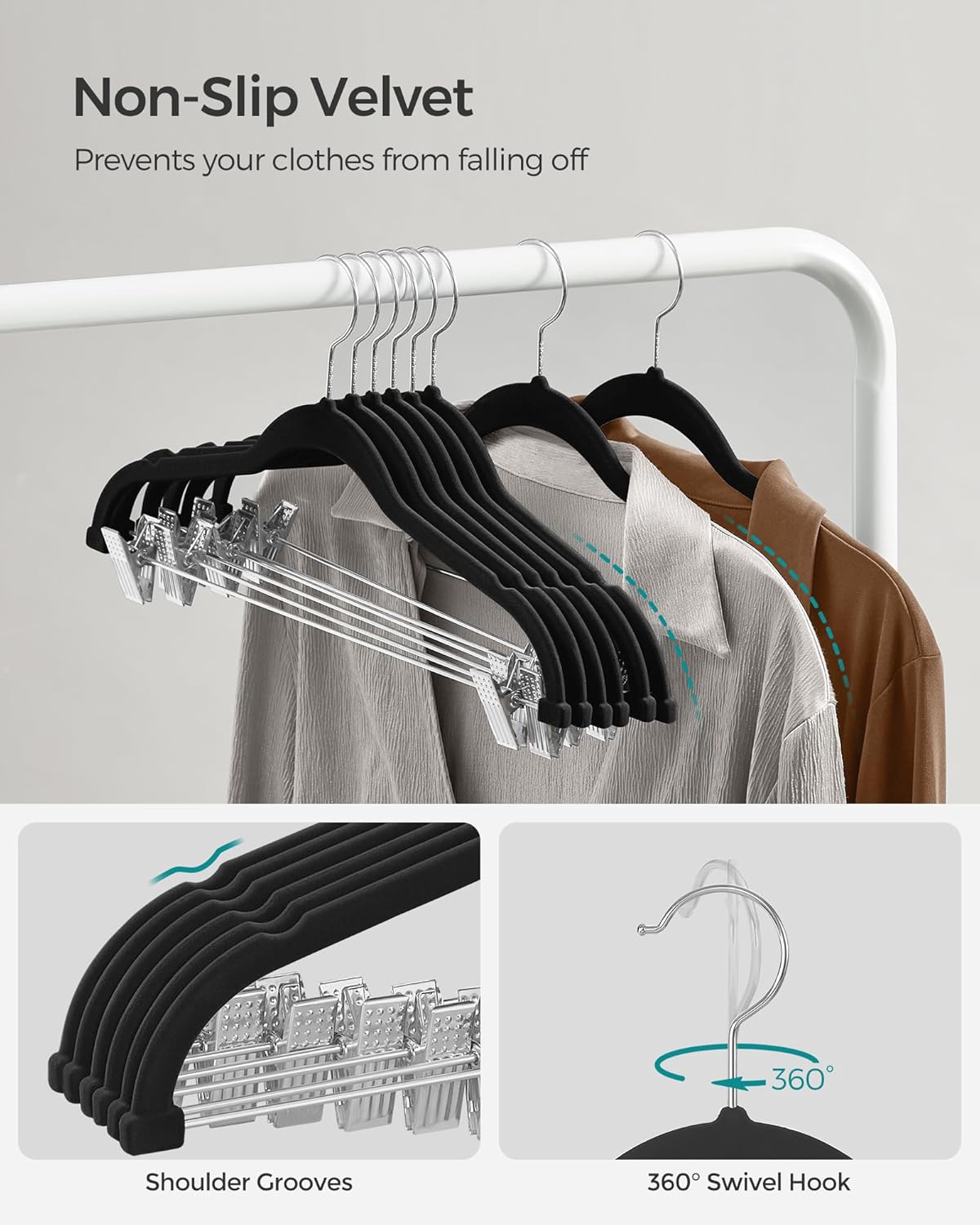 SONGMICS Velvet Pants Hangers - 50-Pack Adjustable Clips, Heavy-Duty, Non-Slip, Space-Saving, Black