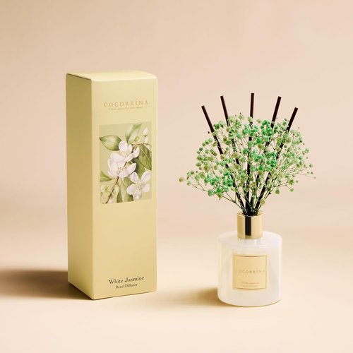 COCORRÍNA Reed Diffuser - White Jasmine Scented Set with Sticks & Preserved Baby's Breath | 6.7 Fl. Oz for Home Decor