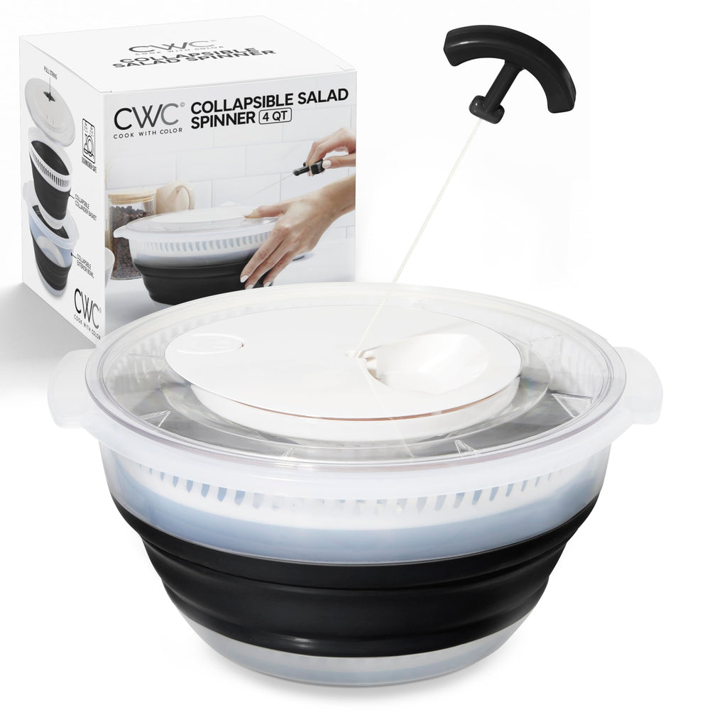 COOK WITH COLOR Collapsible Salad Spinner - 4 QT Space Saving Lettuce Dryer with Folding Collapsible Colander Great for Washing and Drying Fruit and Vegetables (Black)