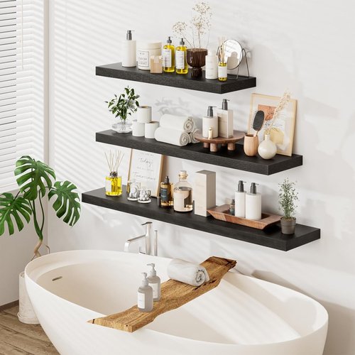 Heimlove Floating Shelves - 48"W x 12"D Black Wood Wall Shelves | Set of 2 for Home & Office