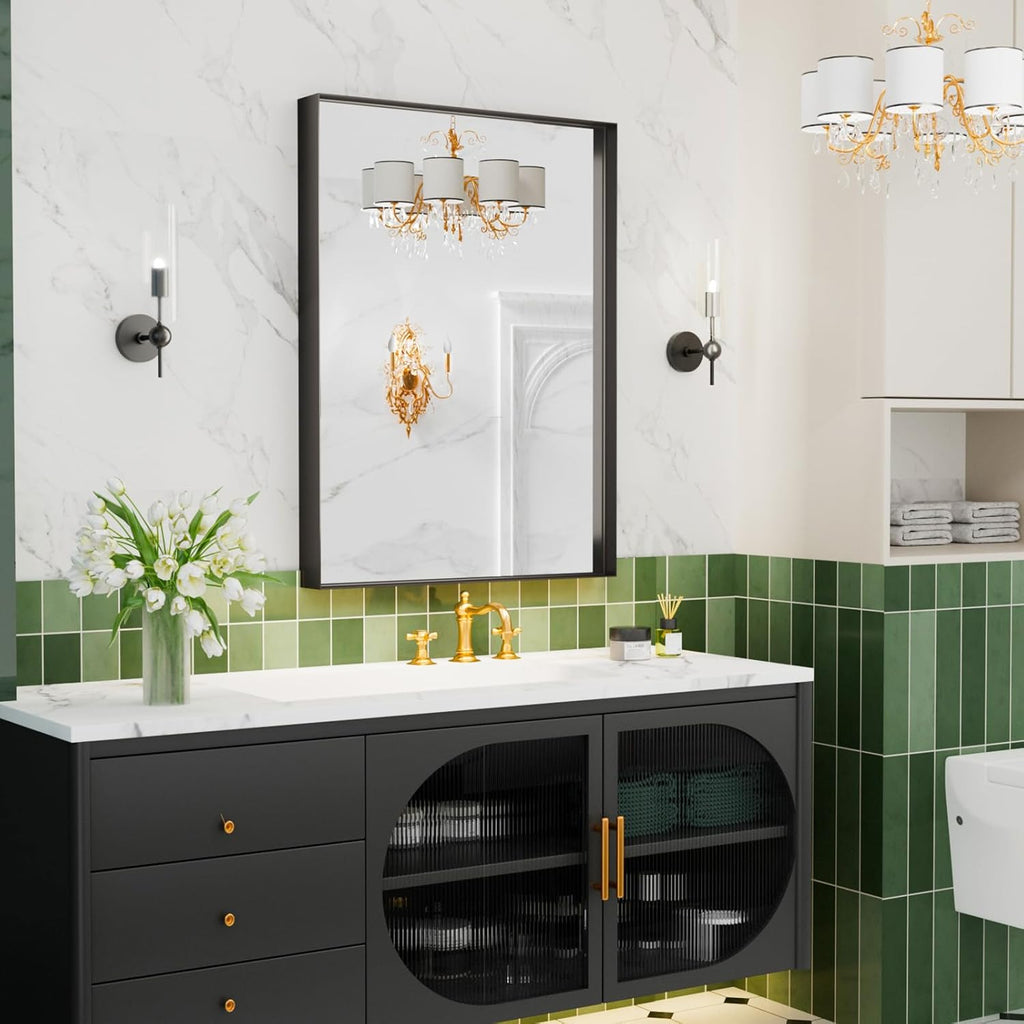 Regine Switzerland Black Vanity Wall Mirror - 22x30 Inch Rectangular Aluminum Framed Bathroom Mirror | Anti-Rust Tempered Glass, Versatile Horizontal/Vertical Design
