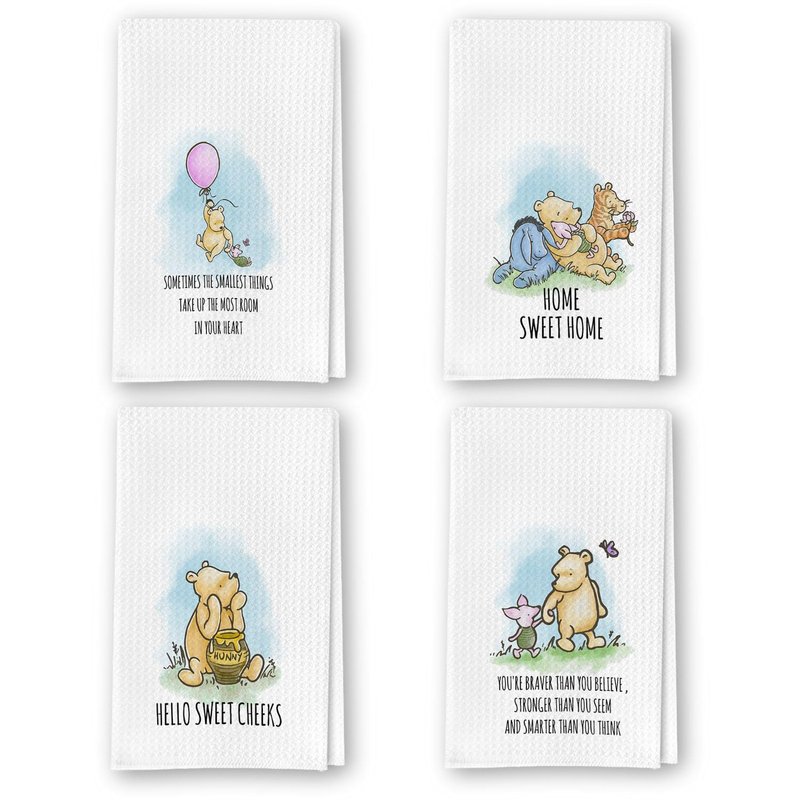 QZCYU Winnie Themed Culinary Linens Set of 4 - Pooh Bear Decor Accents for Kitchen & Bath Spaces - Dishcloths for Culinary Essentials - Charming Presents for Female Enthusiasts