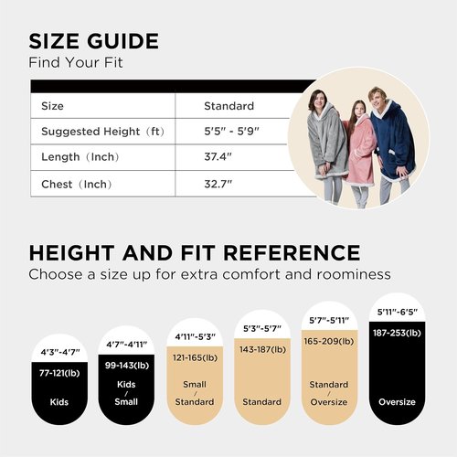 Bedsure Blanket Hoodie - Cozy Wearable Sherpa Sweatshirt for Women & Kids | Grey, Standard Size