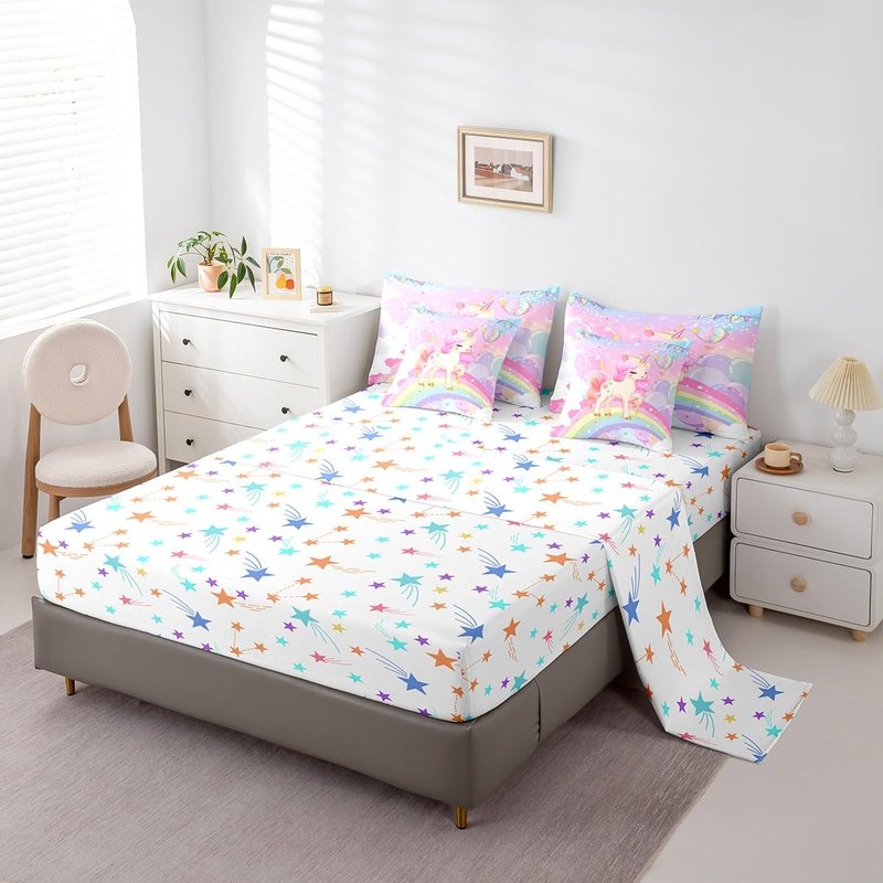 Feelyou Unicorn Girls Bed in a Bag Full Rainbow Kids Pink Unicorn Comforter Set with Sheets Kawaii Cute Stars 7 Piece Bedding Set Teens Children Adults Cartoon Unicorn Room Decor All Season