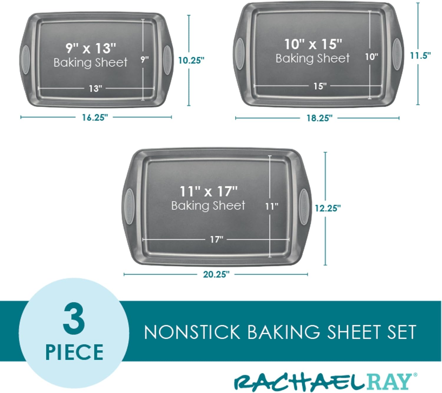 Rachael Ray Nonstick Bakeware Set - 3-Piece Cookie Sheets with Grips in Gray & Sea Salt Gray