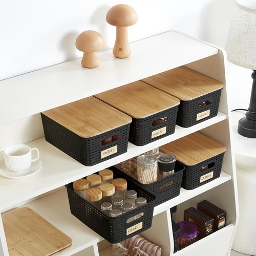 Bagnizer Small Plastic Storage Bins - Stackable 5.2qt Decorative Containers with Bamboo Lids | Black, Set of 6