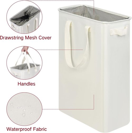 Efluky Slim Laundry Basket - Collapsible Narrow Hamper with Handles | 12.7 Gallons (48L) Beige