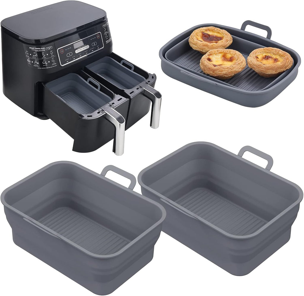 NINJA Air Fryer Silicone Liners - Collapsible 2-Pack for 8QT & 10QT | Reusable Rectangular Gray Basket