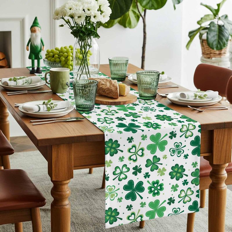 St Patrick's Day Green Shamrocks/Clover Table Runners Cotton Linen Non-Slip Rectangle Dresser Scarves for Spring Party Holiday Kitchen Dining Banquet/Family Gathering Home Decor,13" x 70" Long