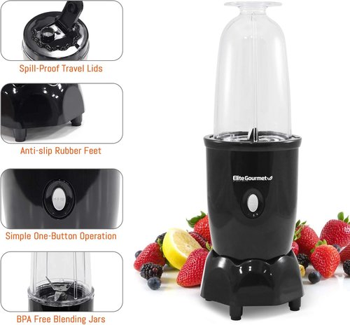 Elite Gourmet 17-Piece Personal Drink Mixer Blender - 16 Oz Capacity with Chopping Blade & Lids